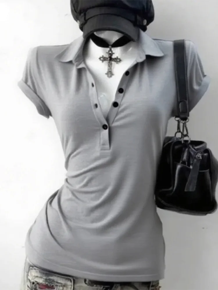 Grafisches Harajuku POLO-Kragen Einfarbiges Kurzarm-Damen-T-Shirt 90er Jahre Kleidung Vintage Damen Trashy Y2k 2000er Jahre Tops Gothic – Detail 2