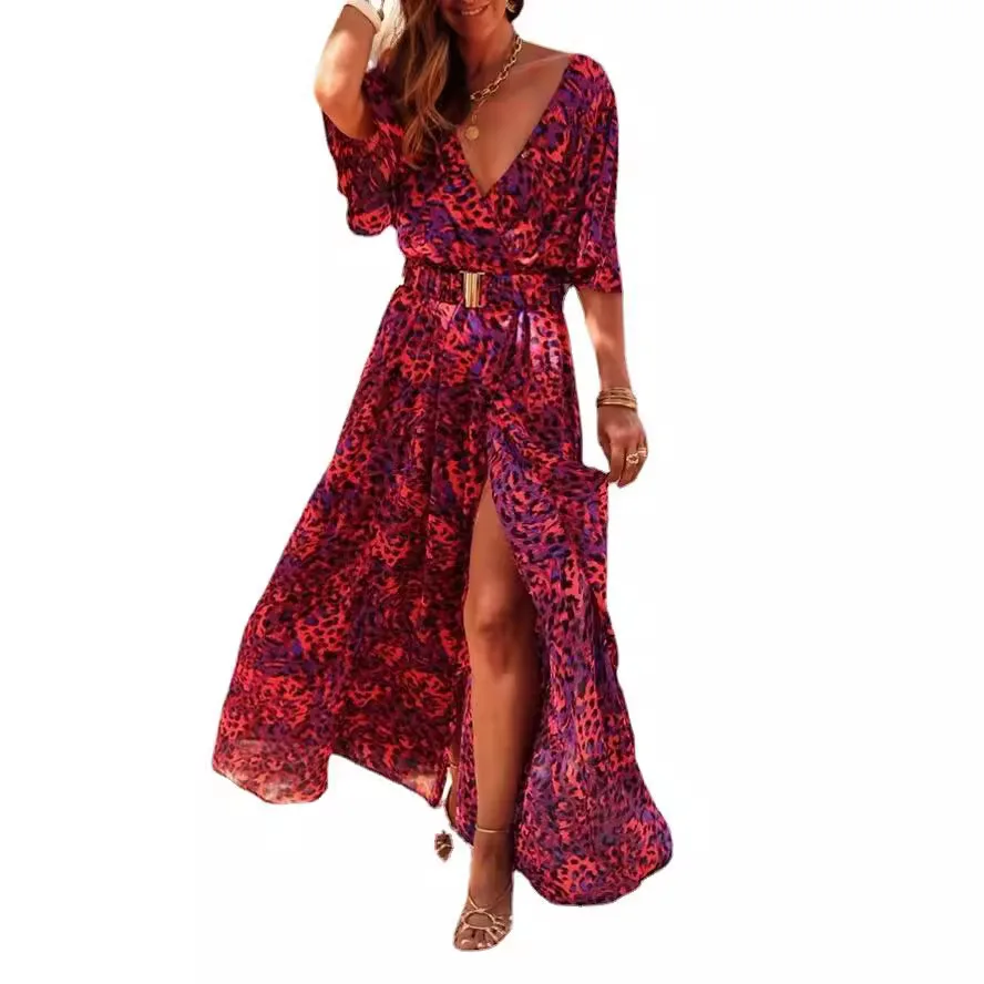 New Spring Summer Printed Dress Short-sleeved Deep V-neck Slimming Waist Mid-length Skirt Temperament Full Slit Dress