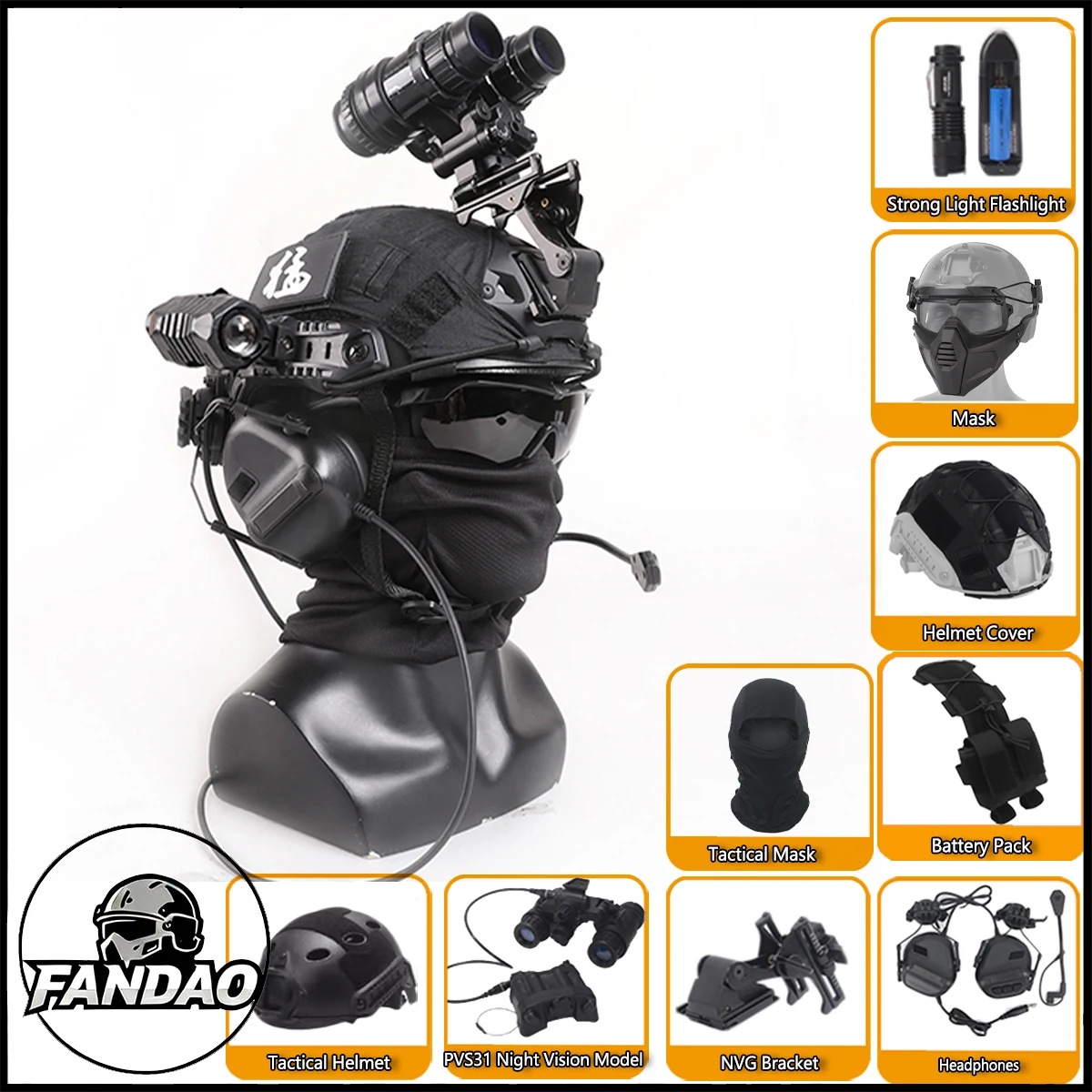 

FAST Tactical Helmet Set with NVG Model Headset Flashlight Outdoor CS Paintball Games Airsoft Shooting Mask Protective Equipment