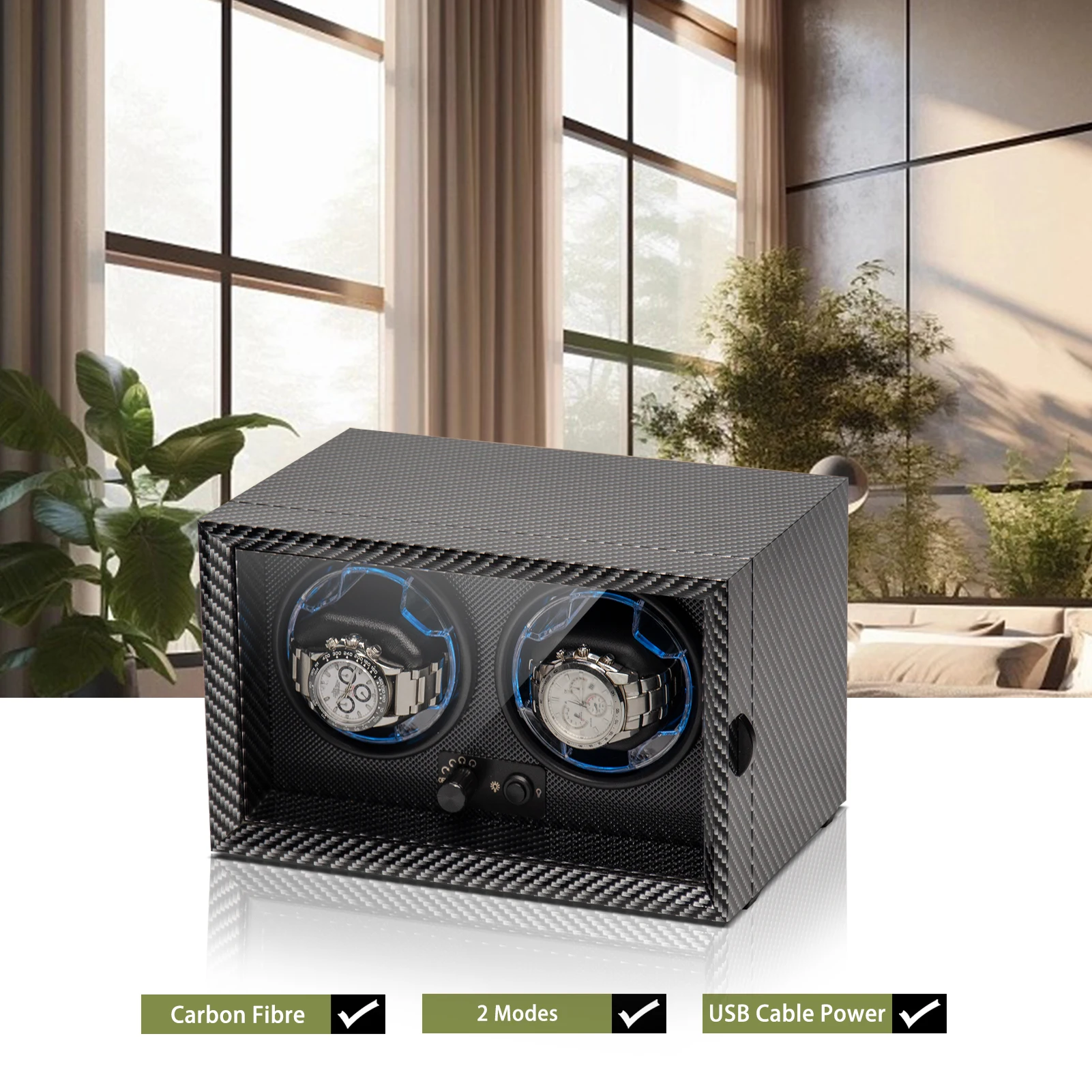 ZOEJOE 2 Slots 4 Slots Walnut Grain Carbon Fiber Inner PU Leather USB Cable Quiet Motor Watch Winder Box With Light For Friends