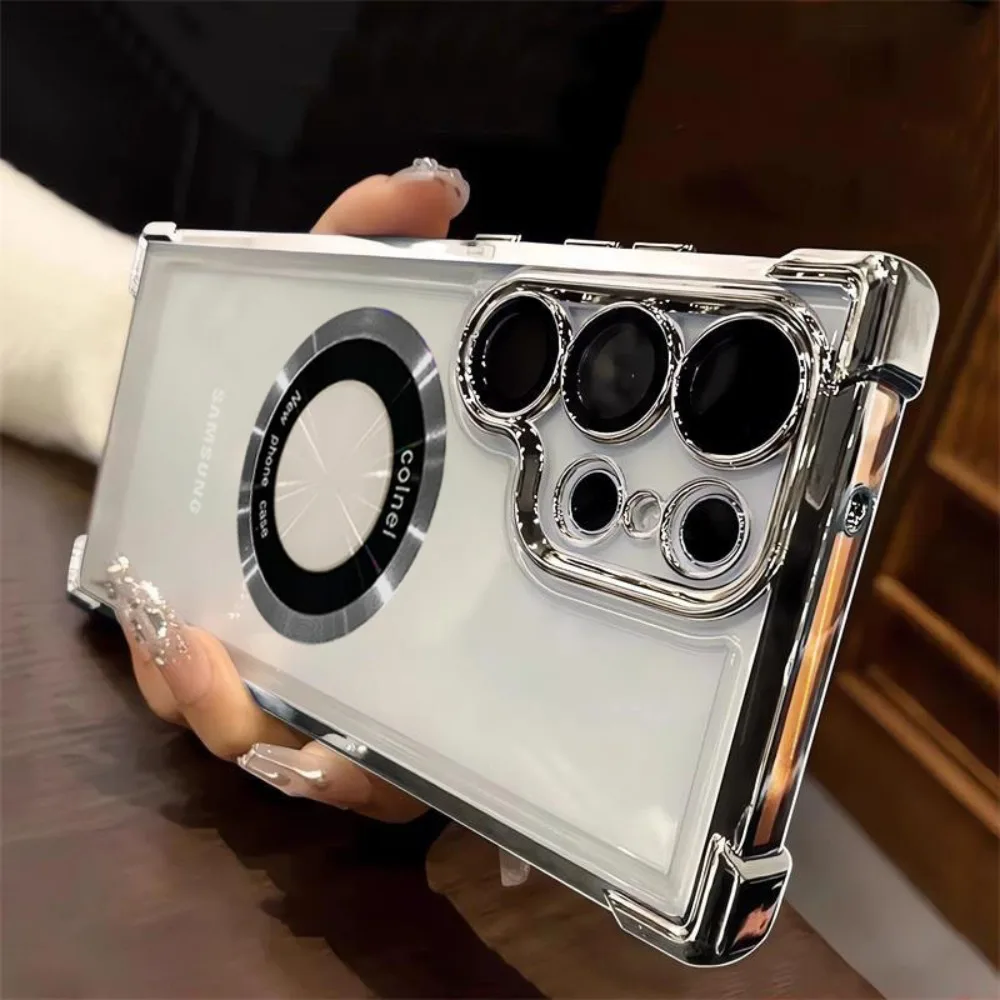 Plating Magnetic Wireless Charge Phone Case for Samsung S24 S23 FE S26 S25 S22 Plus S21 S26 Ultra Clear Lens Protection Cover