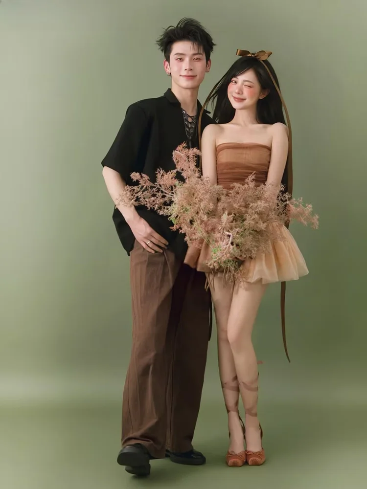 

Spring Theme Couple Photography Caramel Ballet Style Indoor Wedding Photoshoot Clothing Retro Vintage Fashion Portrait