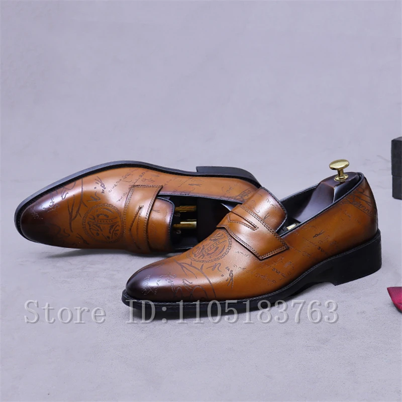 

New Letter Carved Men's Business Leather Shoes Luxury Design Cowhide Slip On Oxfords Loafers Gentleman Party Dress Shoes