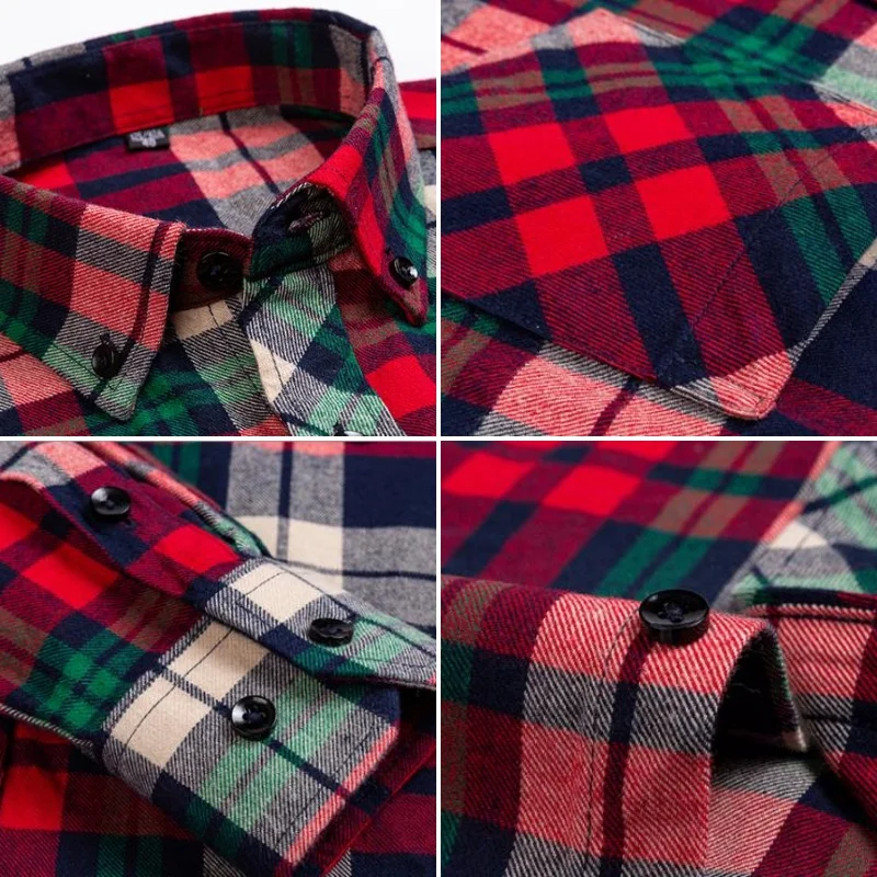 Plaid Shirts For Men Long Sleeve Pure Cotton Fashion Single Patch Pocket Design Young Casual Standard-Fit Thick Flannel Shirt