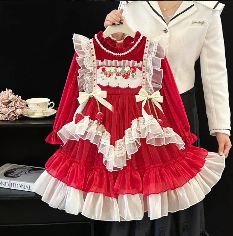 Retail New Baby Girls Boutique Winter Red Fleece Dress, Princess Kids Sweet Party Birthday Dress 3-8T