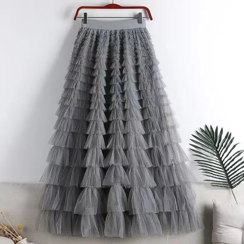 Chamliforve Women Tulle Mesh Skirt Elegant Elastic Waist Fairy Long A-line Tutu Skirt for Spring Summer Long Cake Skirt