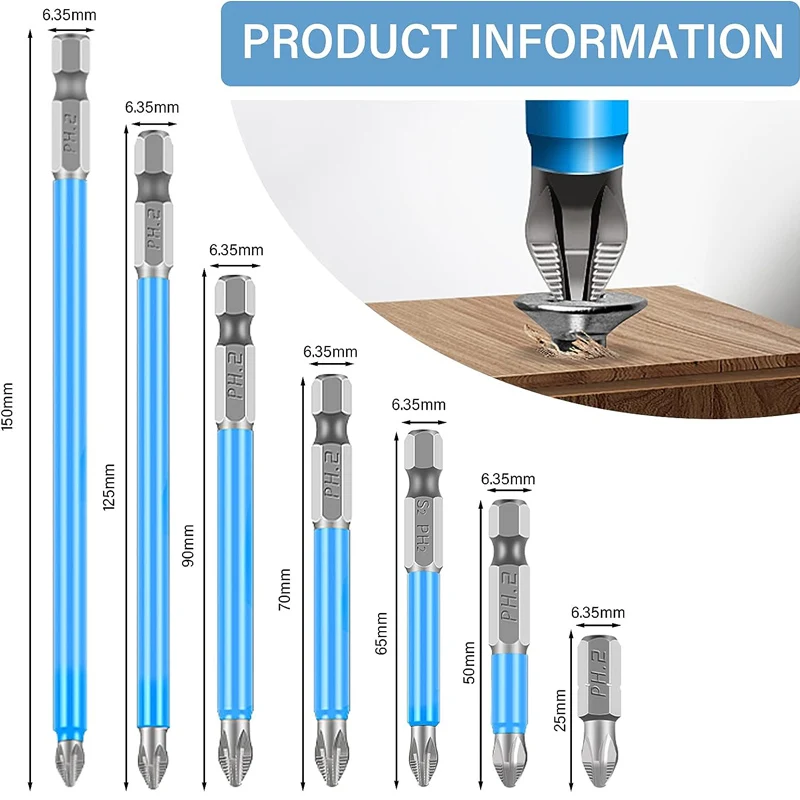 Magnetic Anti-Slip Screwdriver Bits 1/4" Hex Shank PH2 Phillips Screw Bits 25-150mm for Electric Drill Bit Set Repair Tool Kit