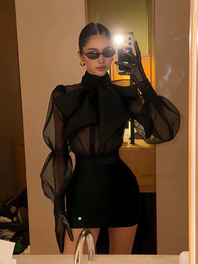 

XZY Stylish plus Size Women's Black Shirt And Skirt Set High Waist Mesh Splice Slim Fit Summer Fashion Knot Top