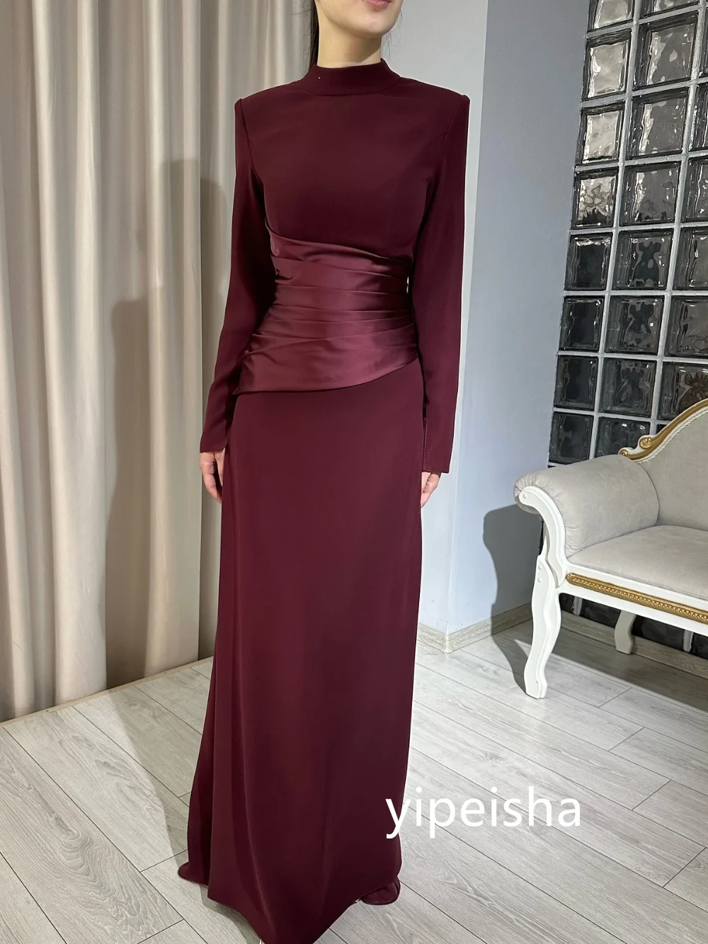 Customized Formal Jersey Pleat Straight High Collar Long Dresses Prom Dresses High Quality Chinese Style Fashion Simple Classic