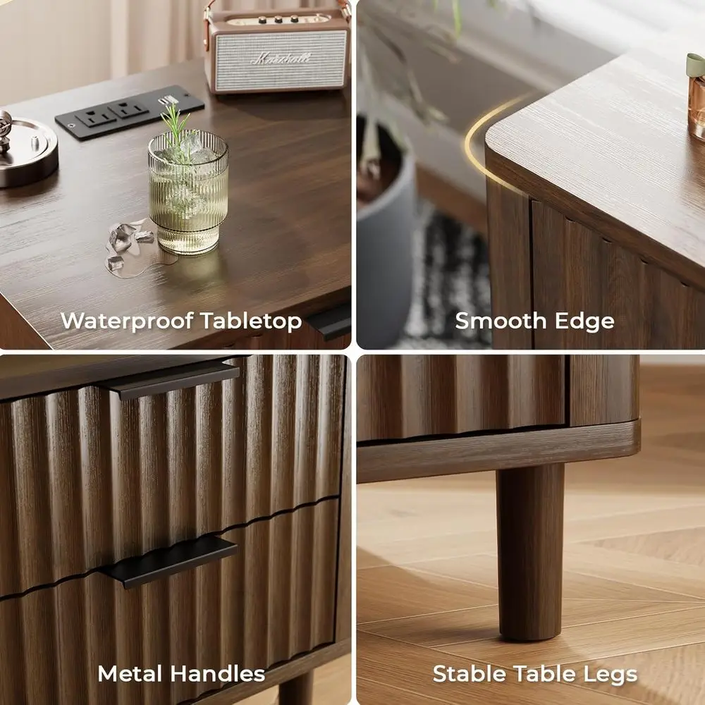 منضدة مخددة مع قاعدة شحن، طاولة بجانب السرير للتخزين متعددة الوظائف بثلاثة أدراج، منضدة حديثة من الخشب الصلب، P منحني