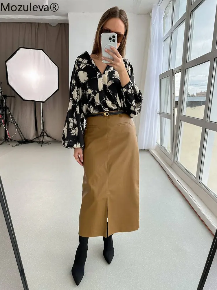 Mozuleva 2023 Loose Single-breasted Female Satin Shirts Tops Spring Summer Chinese Style Ink Printed Lantern Sleeve Women Blouse