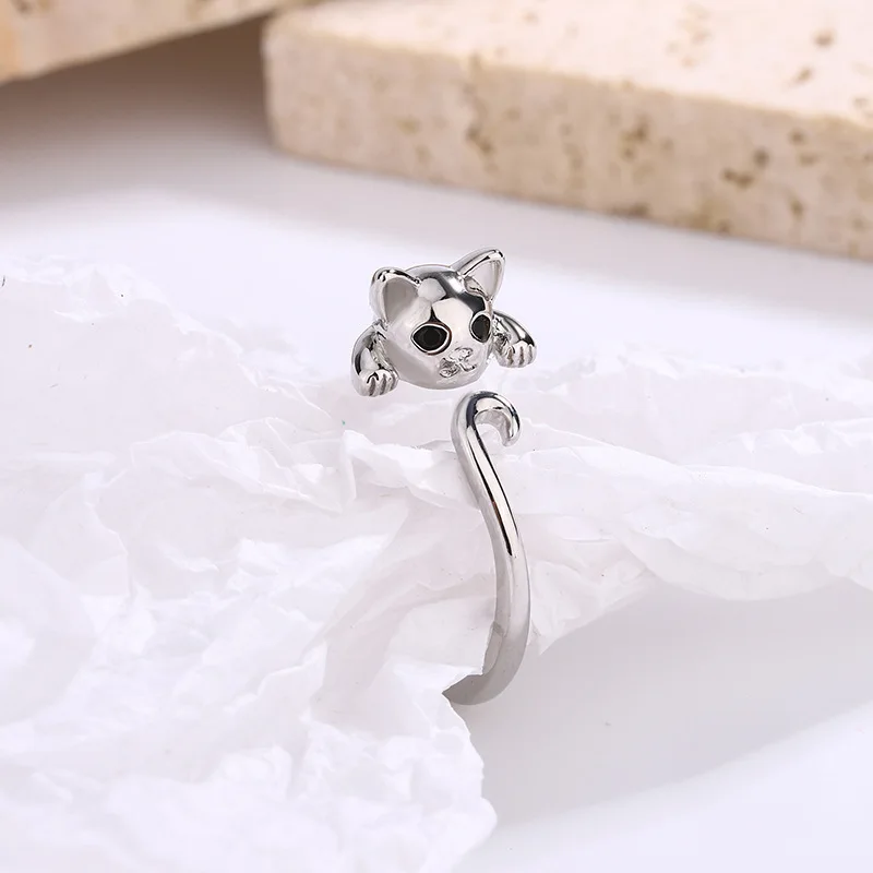 Anillo de Plata de Ley 925 con forma de gato para mujer y niña, sortija abierta con diseño de Animal bonito, ideal para regalo de boda y fiesta, 925