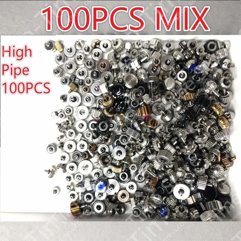 100pcs Mixed Waterproof Steel Watch Crown Handles Various Sizes And Colors Steel DIY Watchmaker Accessory