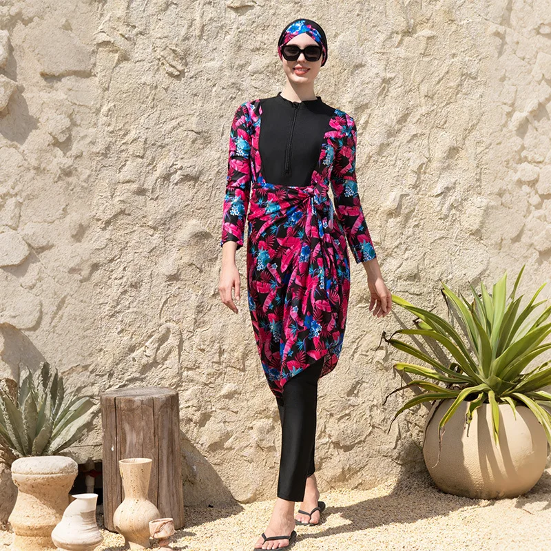 Women 3Piece Burkini Modest Swimsuit Print Wrap‑Around Tunic Long‑Sleeve Top Full‑Length Pants Hijab Conservative Beach Swimwear
