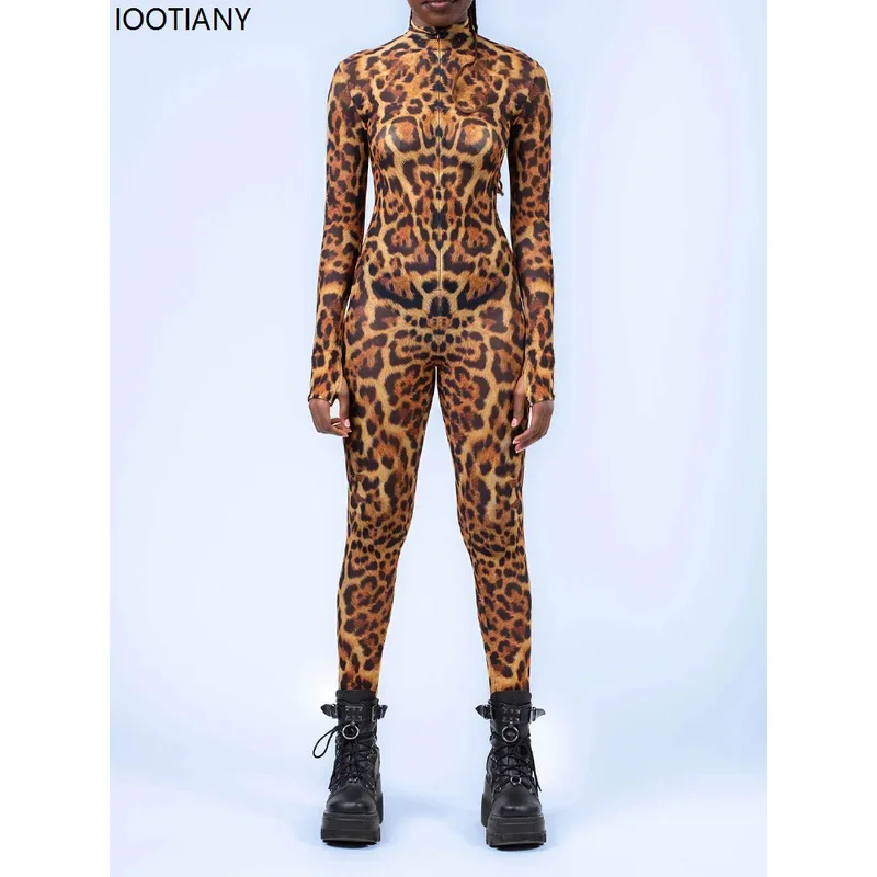 EE01 Halloween Leopard Print Cosplay Women Jumpsuit Animal Theme Party Zentai Suit Unique Morphsuit Festival Bodysuit Rave OIo0！