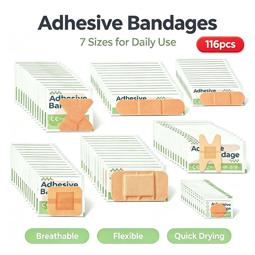 116pcs Multiple Shape First Aid Adhesive Bandages, Breathable Wound Dressing Plaster for Home, Outdoor, Fingertips, Knees, Heels