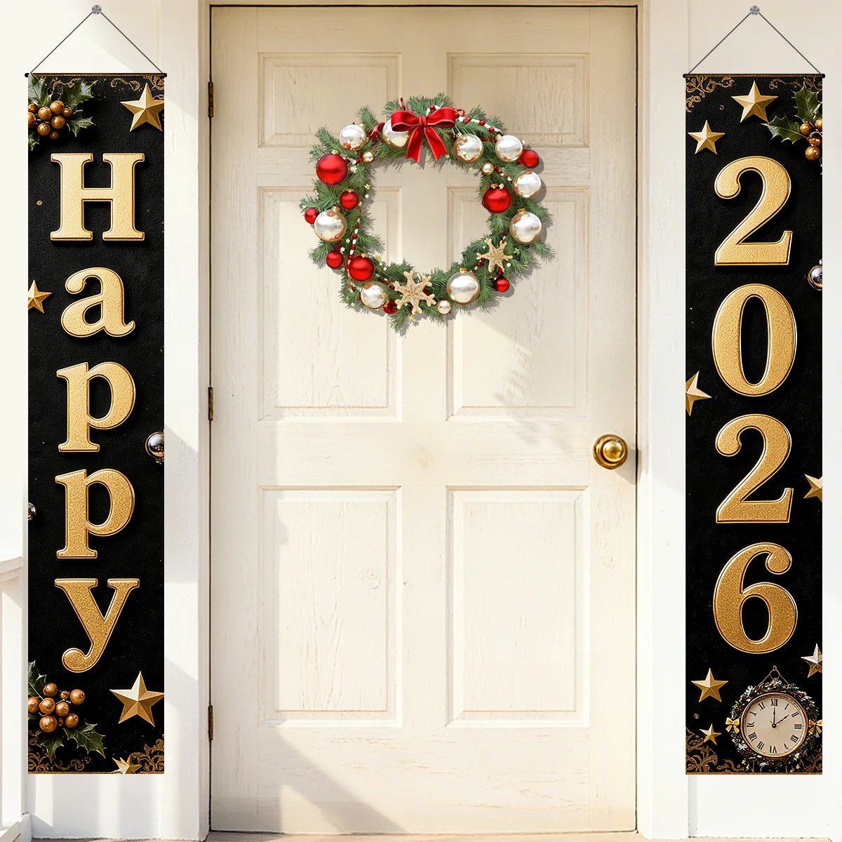 ترحيب 2026 سنة جديدة سعيدة ديكور حفلة إعداد الألعاب النارية البيرة الاحتفال ثلاثي الأبعاد زوجين معلقة القماش راية با