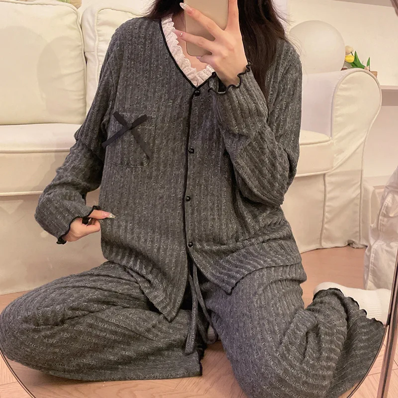 أطقم بناطيل بأكمام طويلة أطقم بيجامات قطنية كورية للخريف والشتاء بيجامات نسائية تقدم جديدة ملابس نوم نسائية بدلة منزلية #3