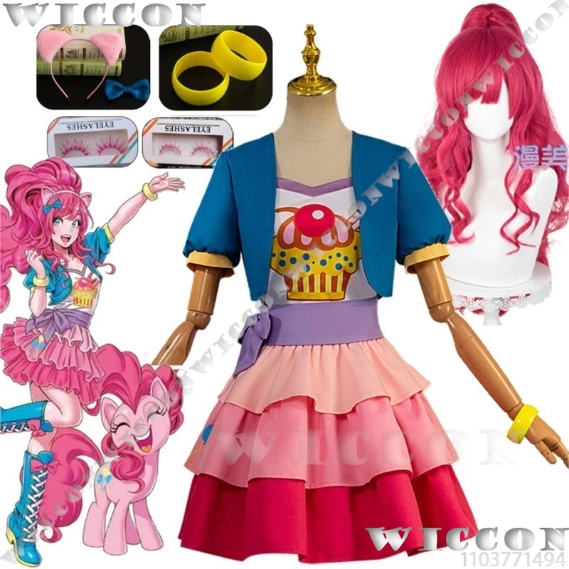 Pinkamena Diane Pie Anime Pony Pinkie Pie Cosplay Costume Cake Skirt Wig Eyelash Women Girl Cute Outfit Holloween Customized