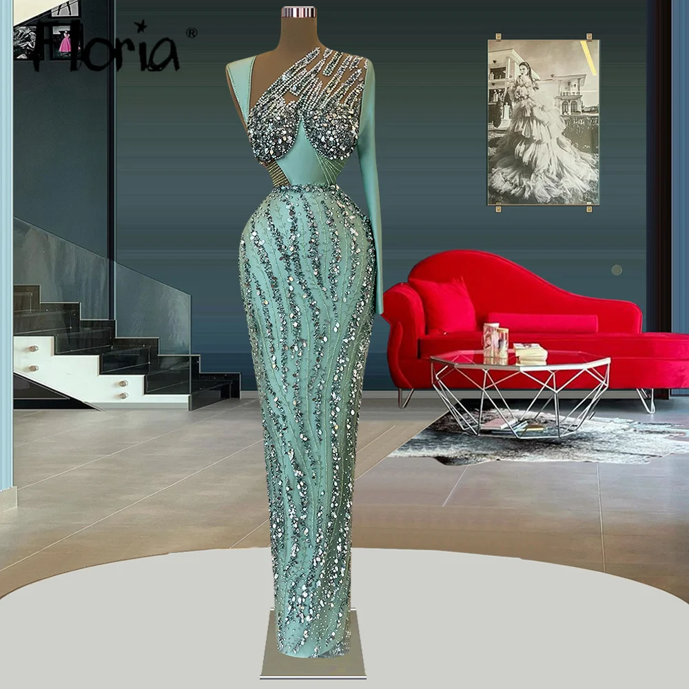 

Floria Mint Green One Shoulder Party Dress Arabic Beaded Wedding Prom Dress Dubai Sparkly Sequins Formal Evening Dress Custom