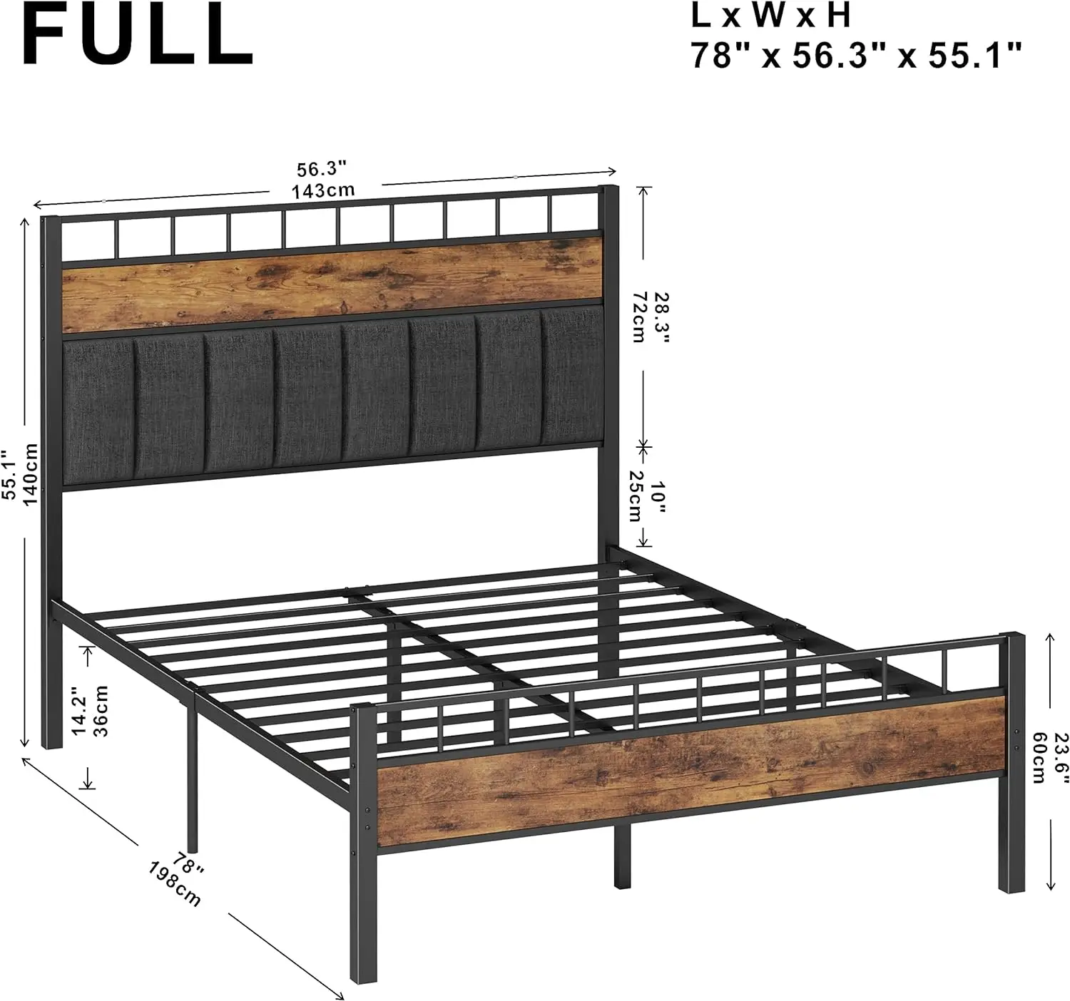 Full Size Bed Frame with upholstered high headboard, Sturdy and No Noise Platform Bed, No Box Spring Needed, Easy Assembly