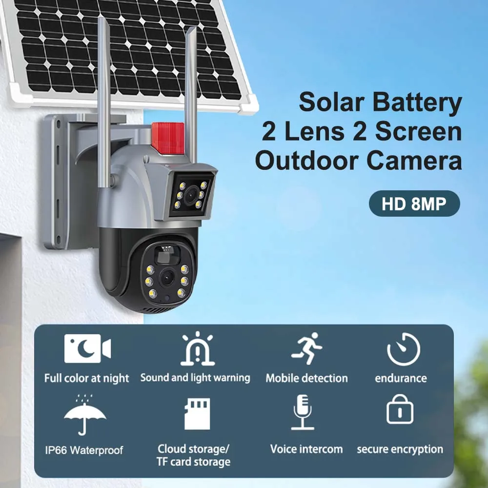 4K 8MP WiFi Solar Camera Outdoor Home Security Camera Dual Lens Security Protection PTZ Video Surveillance Smart CCTV Video Cam