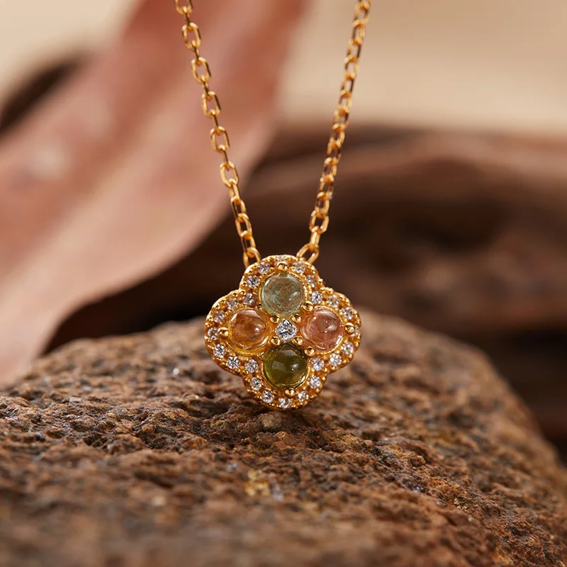 

S925Sterling Silver18KGold Pendant Necklace Clavicle Chain Natural Tourmaline Four-Leaf Clover Vintage Elegant Temperament Whole