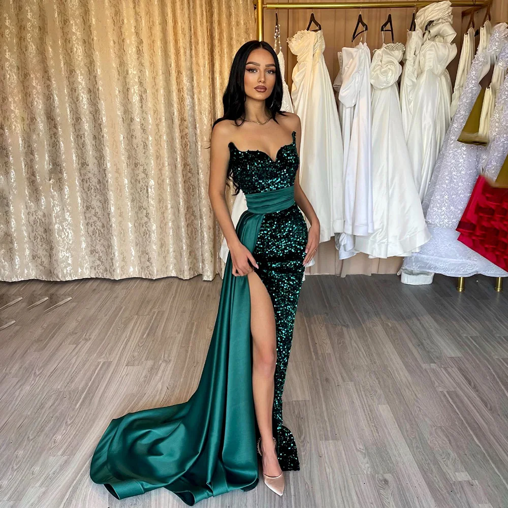 

Glitter Green Sequins Mermaid Prom Party Dresses Sexy Side Split Sweetheart Celebrate Prom Dress with Skirt Evening Party Gowns