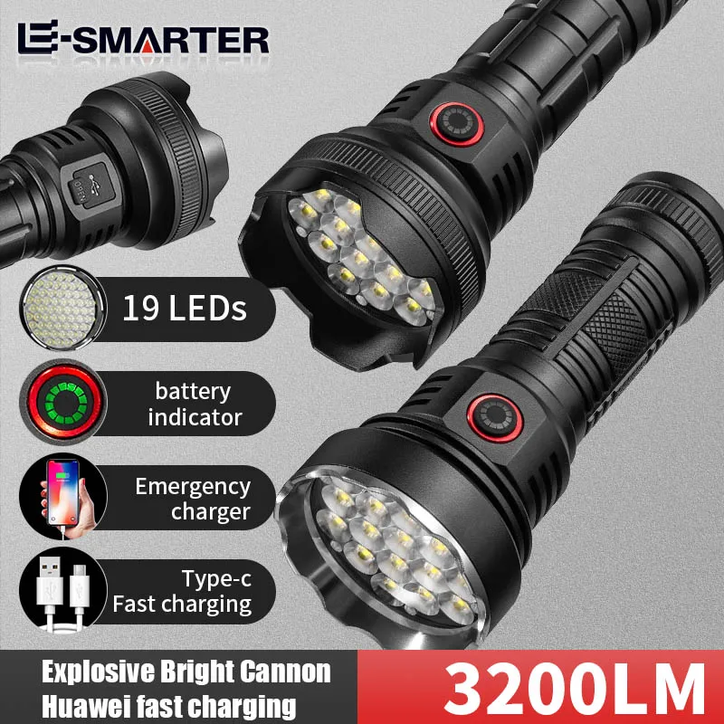 Rechargeable Tactical Flashlight 19LED 3200Lm EDC Torch 5 Lighting Modes Outdoor Camping Fishing Hunting Super Bright Flashlight