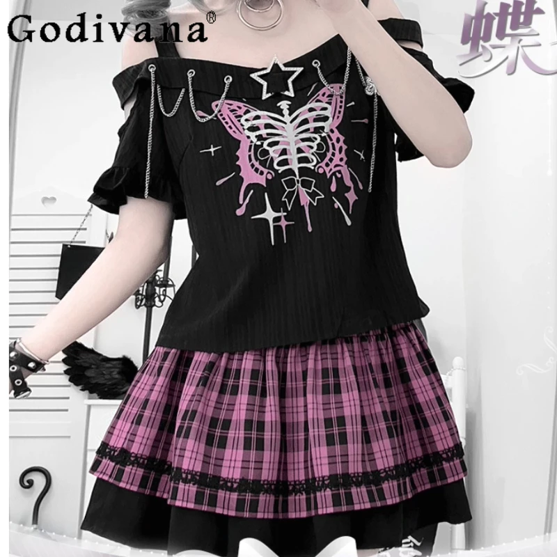 

Personality Subculture Sweet Cool Slash Neck Off-the-shoulder Print Tops Fashion High Waist A-line Versatile Age-reducing Skirt