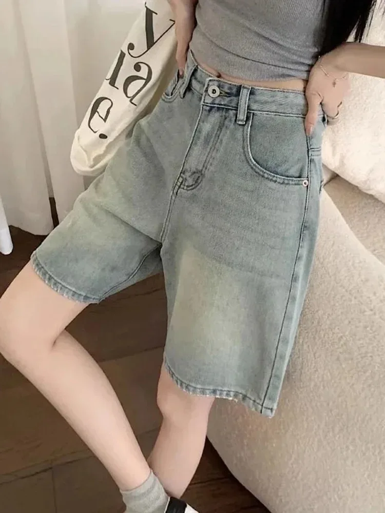 Woman Summer Korean High Waist Baggy Jean Shorts Vintage Blue Denim Shorts Women Fashion Streetwear Straight Knee Length Jeans