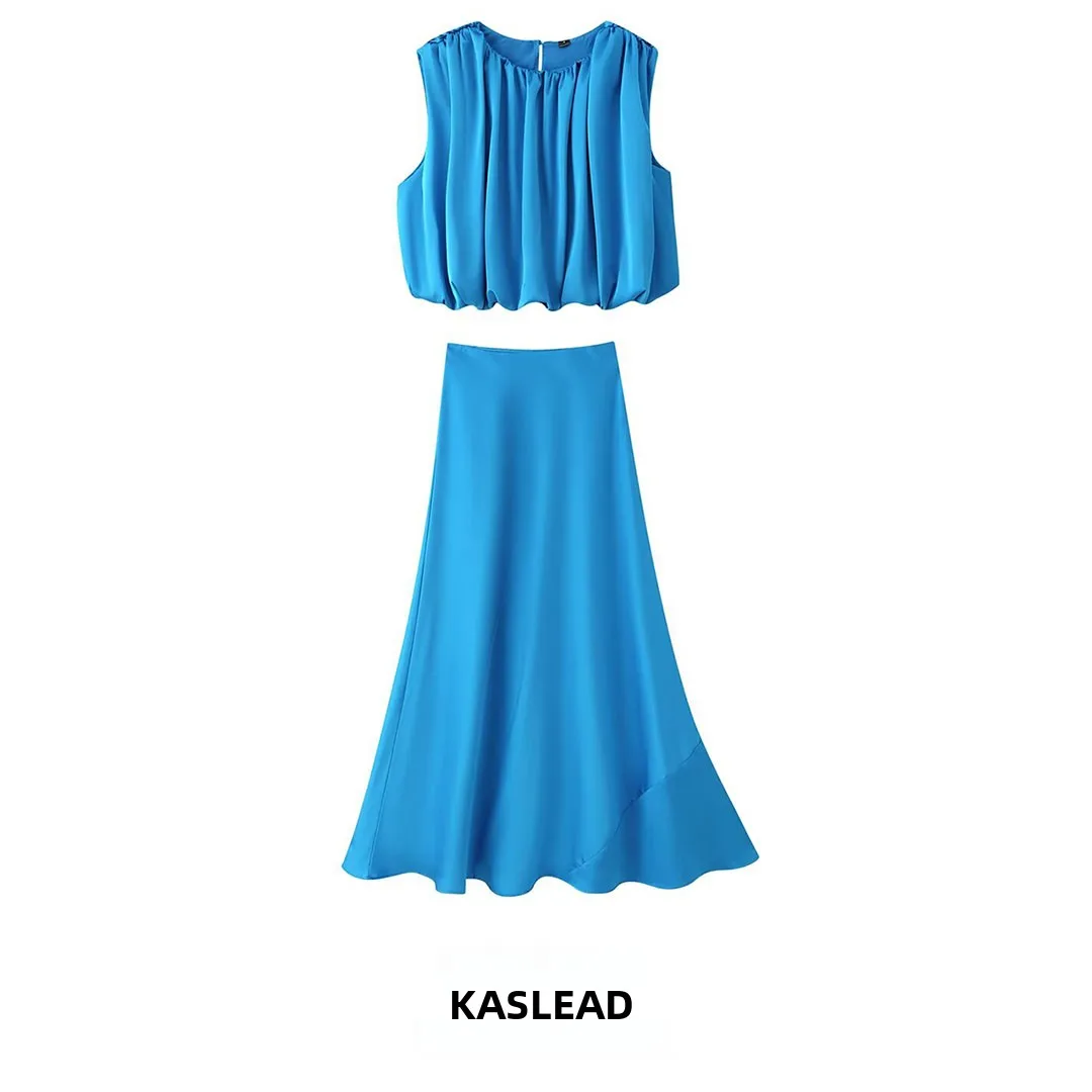 KASLEAD New Women's Fashion Satin Wide Shoulder Pleated Top Fish Tail Skirt Two-Piece Set Summer Short Sleeve Casual Outfit