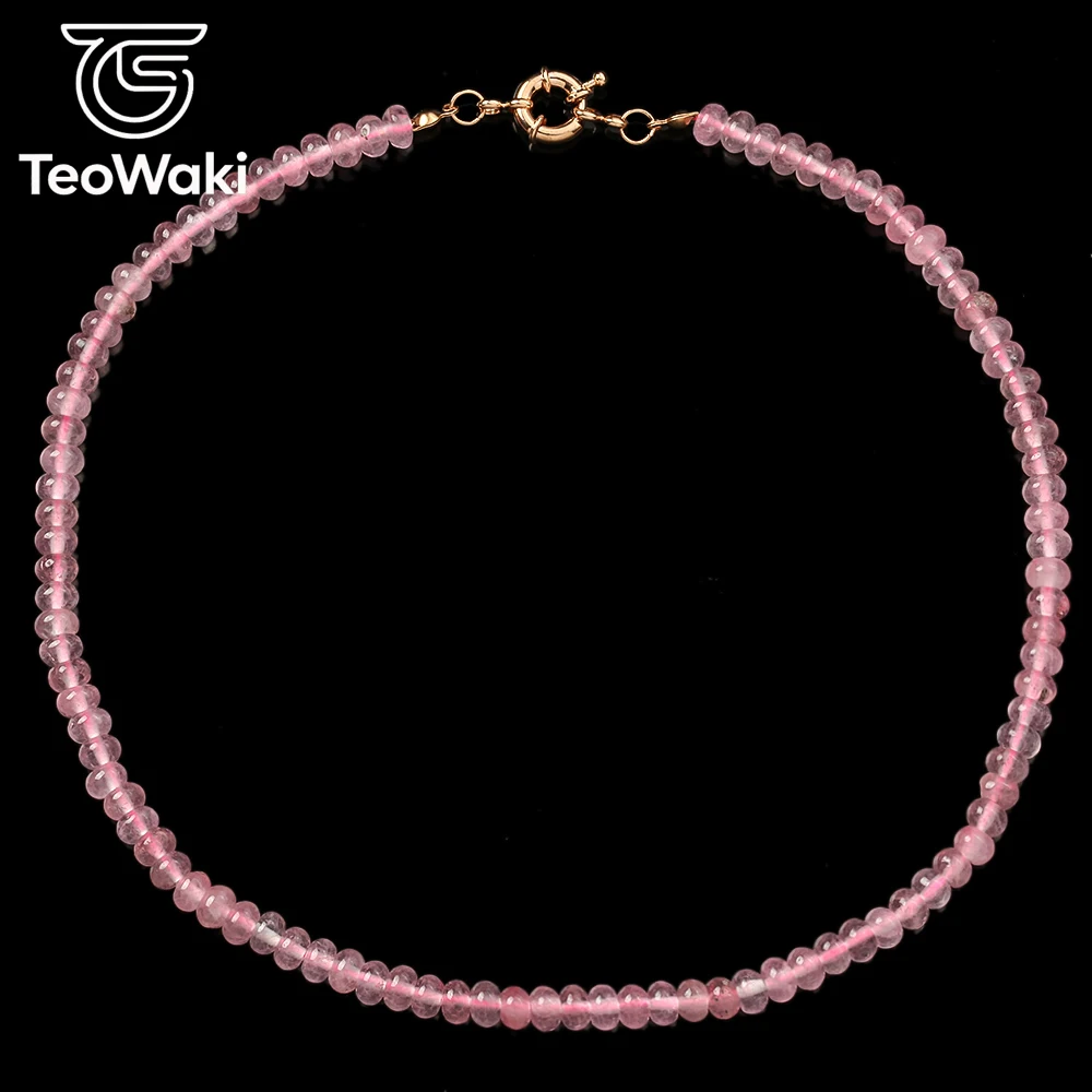 TeoWaki 4x6mm Rose Quartz Abacus Bead Necklace 40cm Natural Stone Choker for Men Women Christmas Symbol of Courage & Confidence