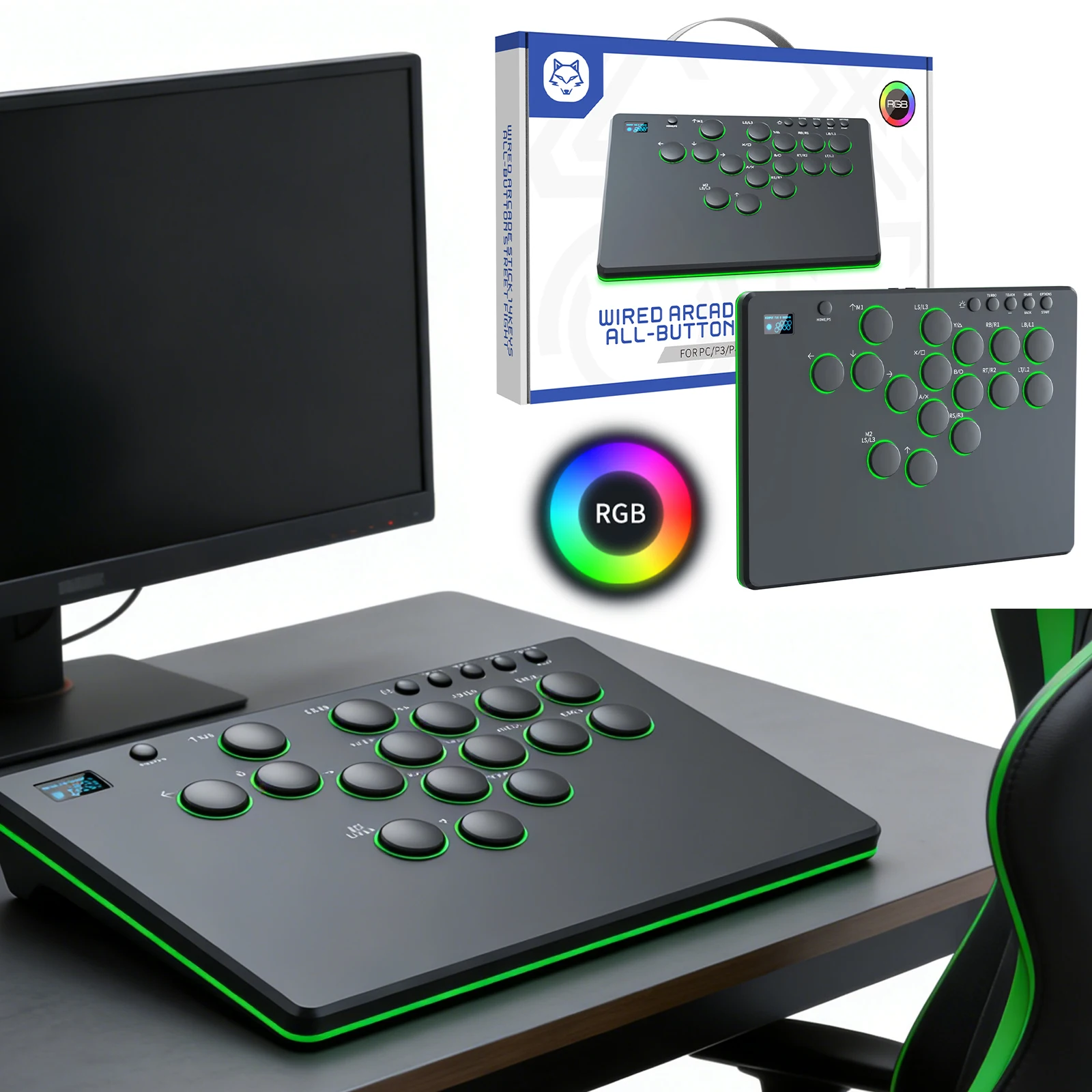 16-key-hitbox-leverless-controller-rgb-arcade-stick-controller-with-turbo-functions-hot-swap-for-switch-for-playstation-3-4-pc