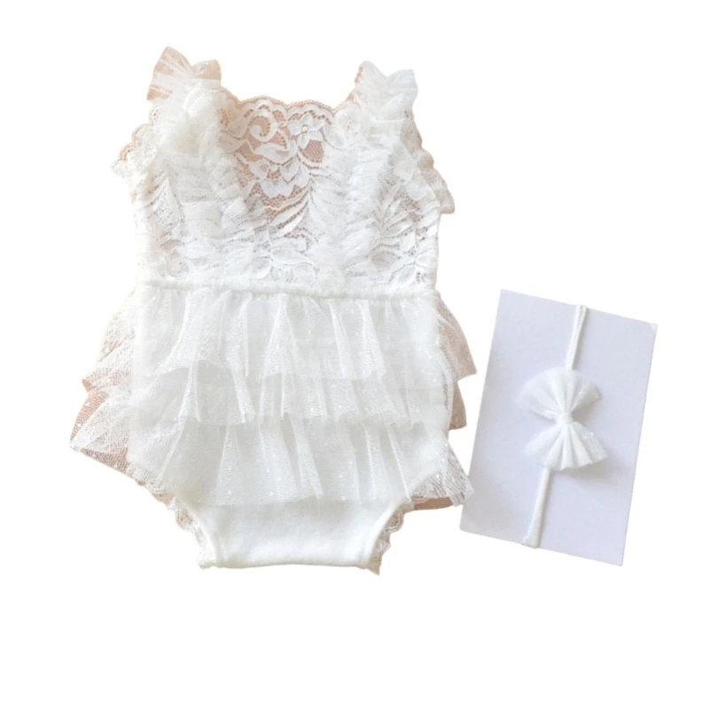 Baby Photography Props Lace Romper and Bowknot Hairband Outfit Photo Clothes Baby Photography Costume Clothing D5QA