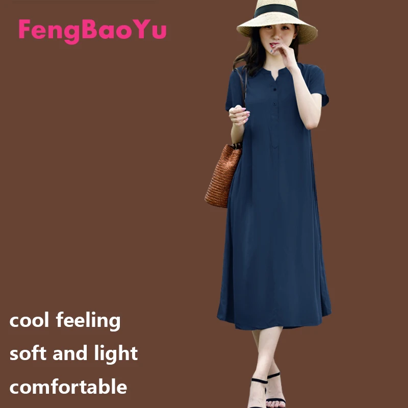 

Cotton Silk Women's Summer Dress Short Sleeve Mid-length Loose Plus Size Fat Girl Skirt Comfortable Light Cool Casual Nightdress