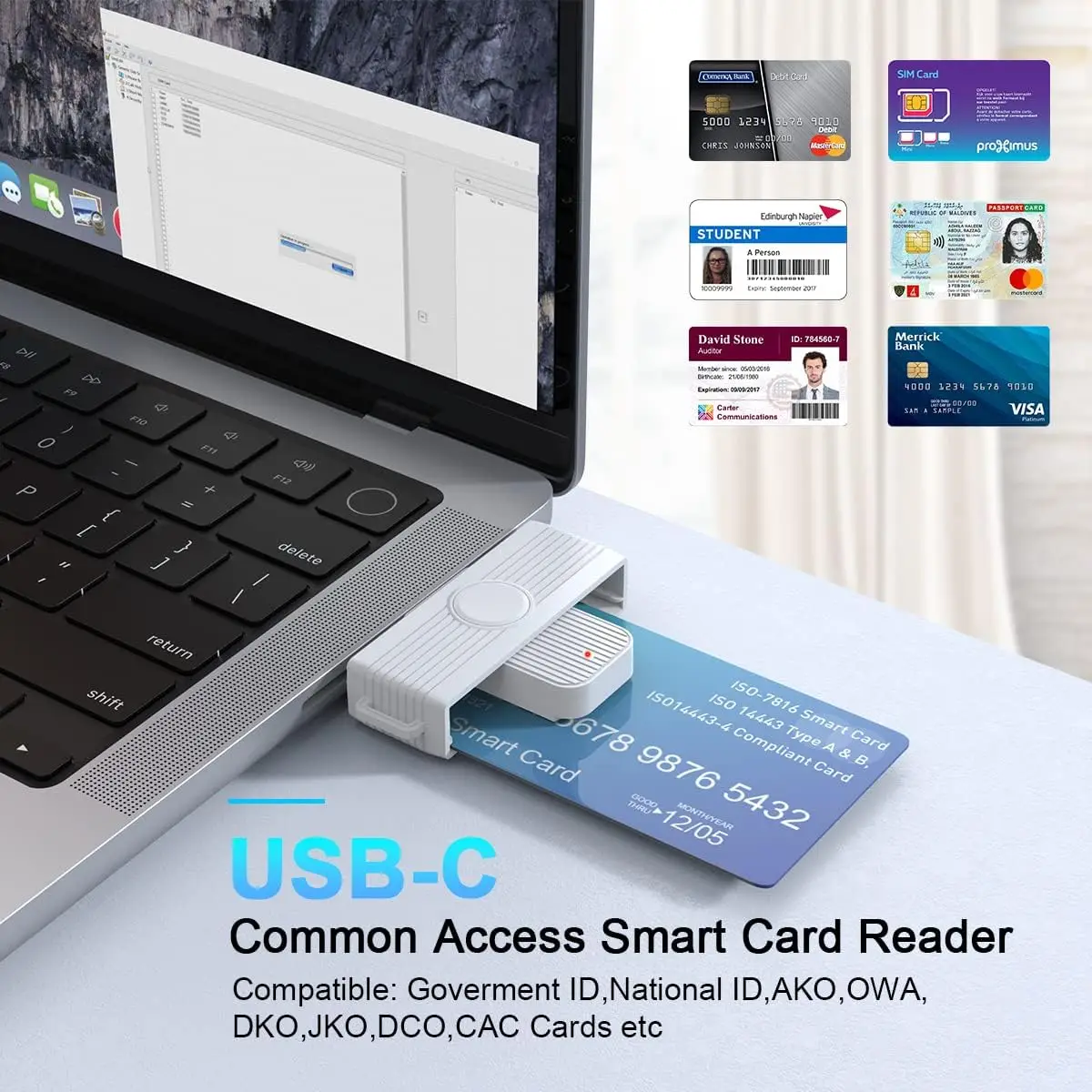 Type C CAC Smart Card Reader, DOD Military USB C Common Access PIV CAC Readers Compatible with Windows, Mac OS and Android Phone