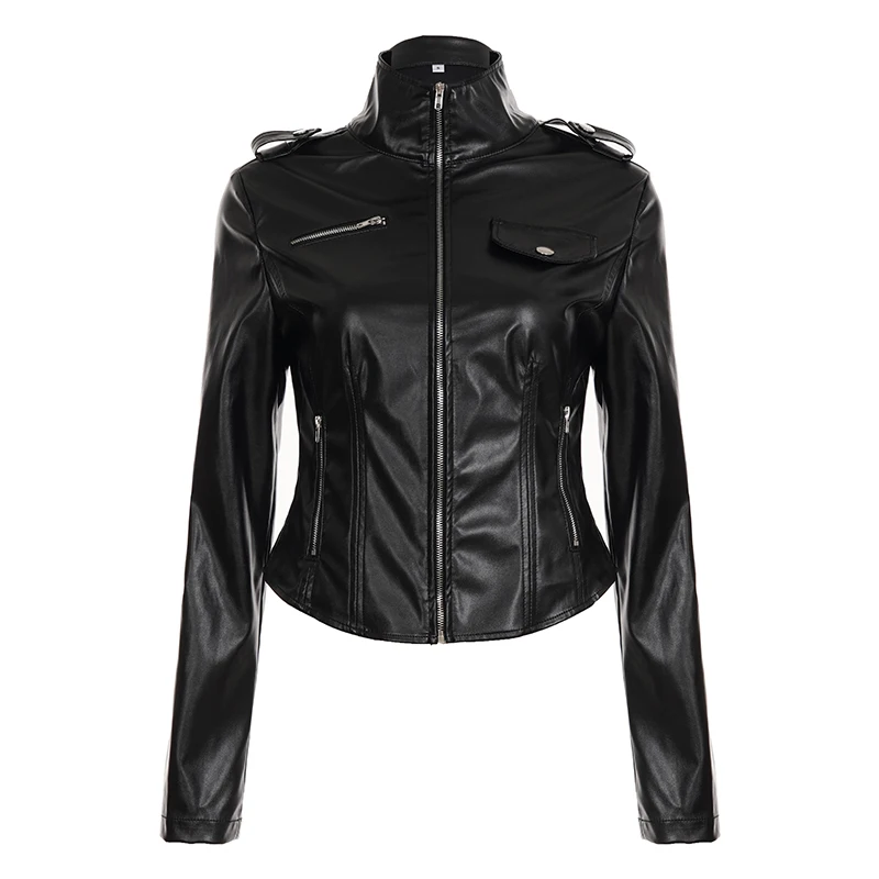 Černá bunda z umělé kůže se zipem, stojáček, slim fit, motorkářská bunda, Y2K, elegantní, ležérní, streetwear, umělá kůže, svrchní oblečení pro dámy - náhled 5
