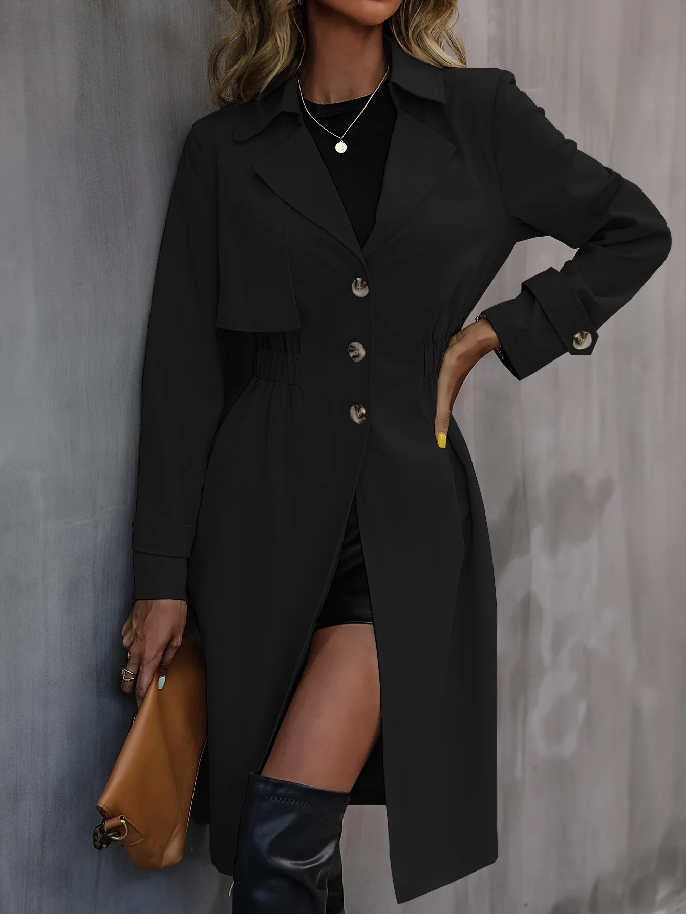 Modische Mäntel für Damen, Herbst/Winter 2024, neue winddichte, warme Windjacke, schicke, geraffte Taille, Rüschen, A-Linien-Saum, elegante Partykleidung