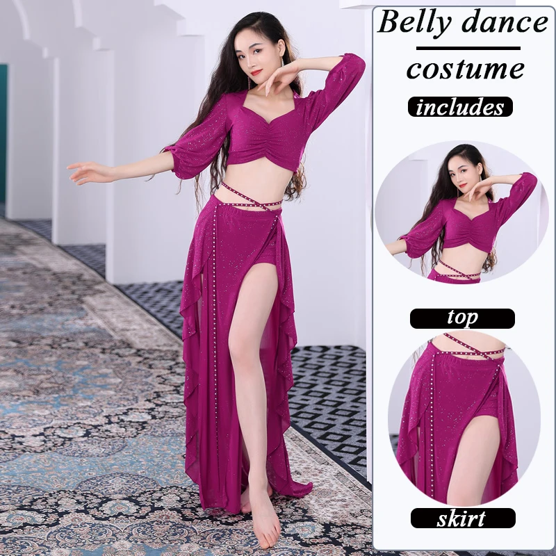 Belly Dance Suit Printing Mesh Top Short Sleeve Split Skirt Practice Clothe Set Female Elegant Performance Clothe with Underpant