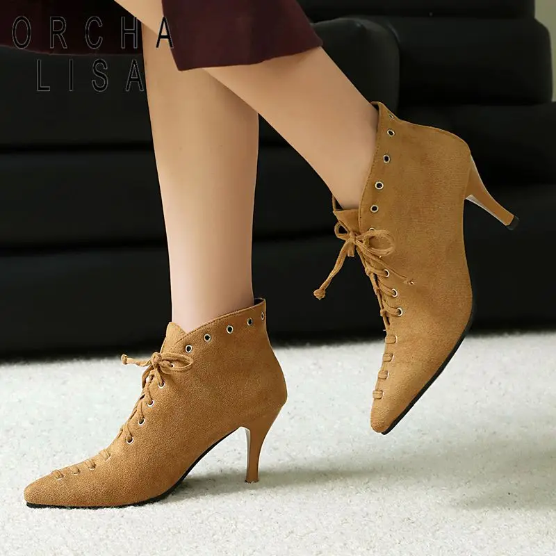 

ORCHA LISA 2025 Новые замшевые женские ботильоны с острым носком, 8,5 см, на шнуровке, большие размеры 4143, модные офисные женские туфли