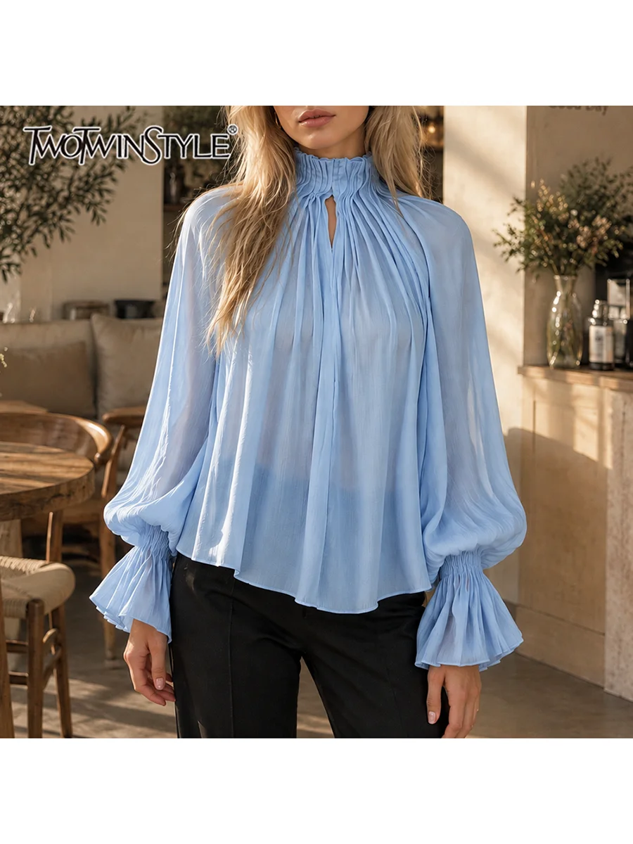 TWOTWINSTYLE Pleated Spliced Draped Loose Blouse for Women High Collar Lantern Sleeve Patchwork Sheer Casual Blouses Female New