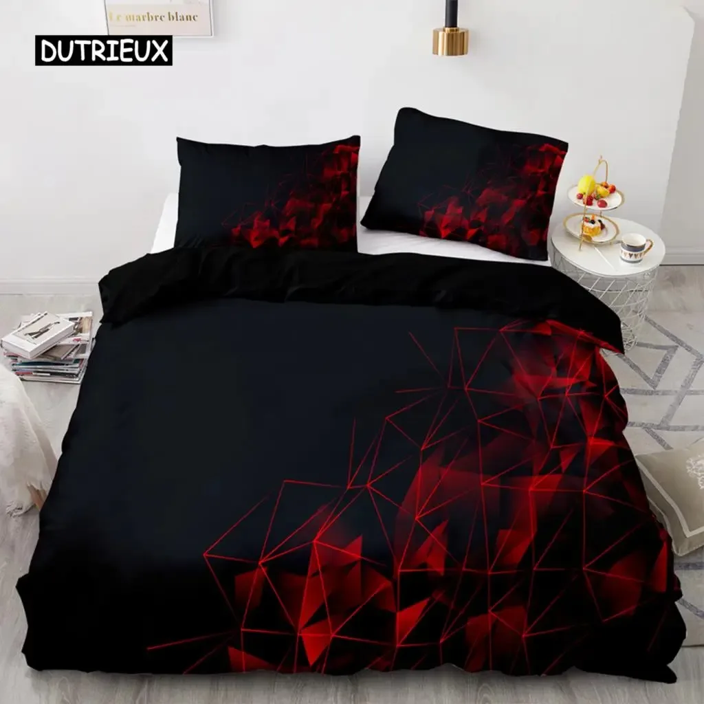 

Red Glowing Polygonal Grid Pattern Bedding Set, 135×200 Duvet Cover Set With Pillowcase, 260×220 Quilt Cover，Black Blanket Cover