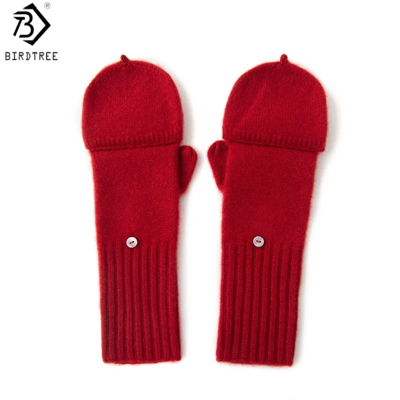 Birdtree Winter Mitten Warm Knitted Fingerless Gloves, Flip Mittens for Men Women, Student Half Thicken Finger Gloves S68022JF