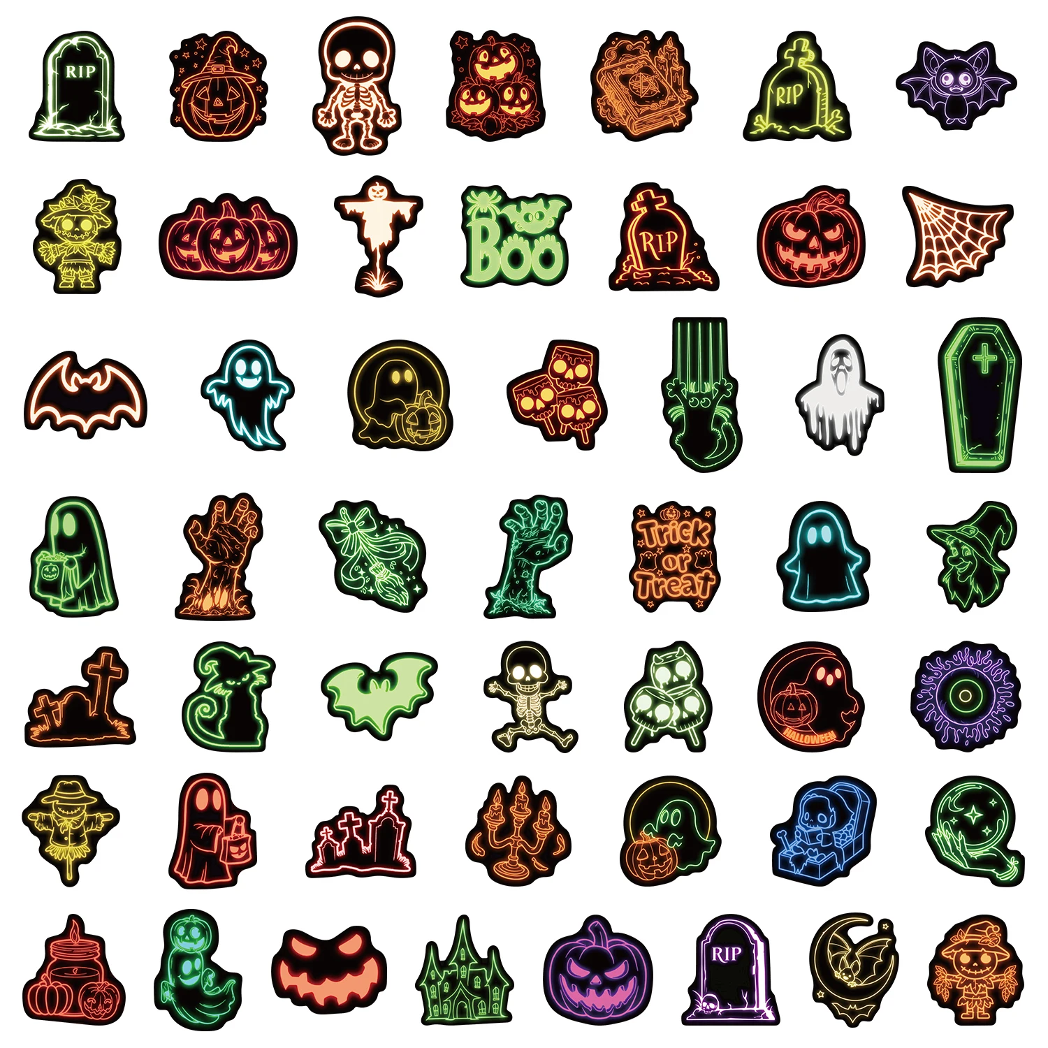 50 قطعة من ملصقات النيون الممتعة للهالوين DIY جراب هاتف للكمبيوتر المحمول وكوب الماء وملصقات ألعاب الكمبيوتر