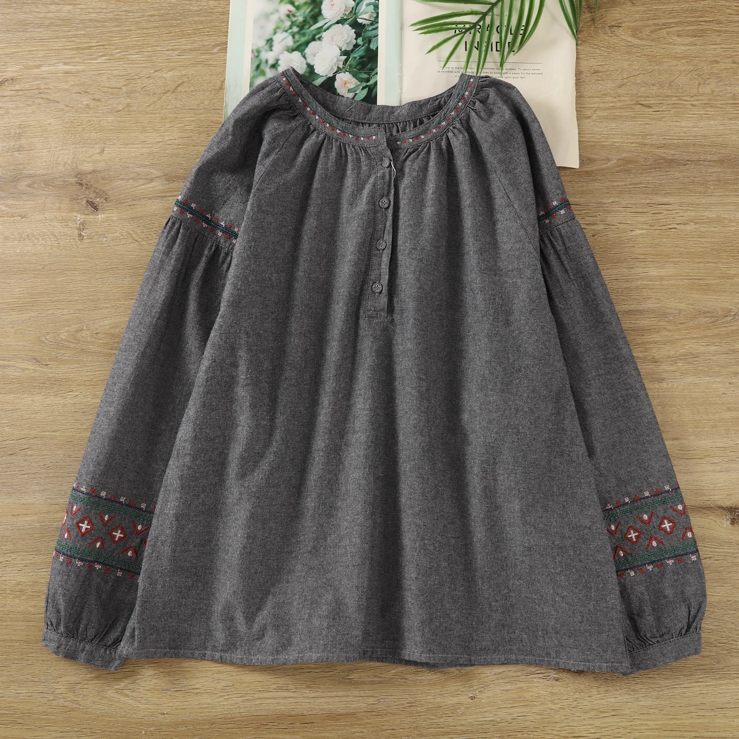 

Bust 110cm mori girl ethnic gray embroider shirts and blouses for women autumn vintage long lantern sleeve tops