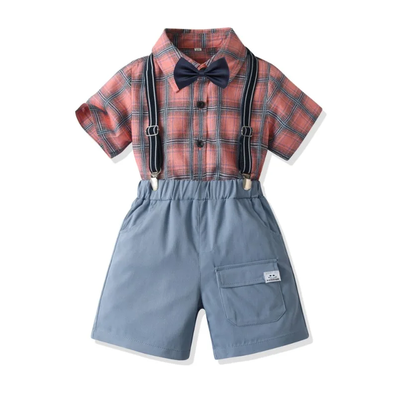 

Children's Costume A Summer Plaid Short Sleeve Shirts + Suspender Shorts Boys Sets Cotton Kids Clothes Dropshipping