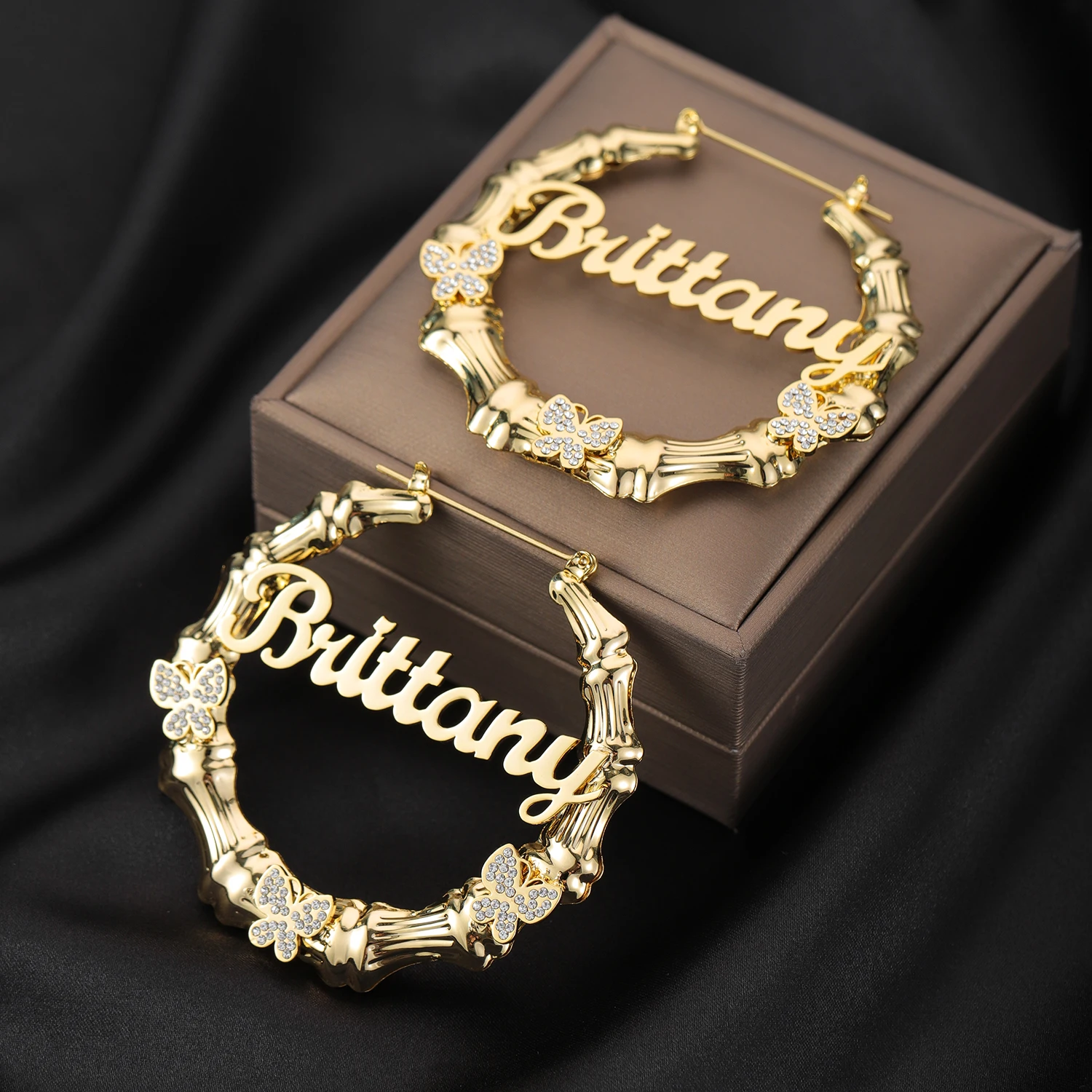 Customized Diamond Butterfly Bamboo Hoop Name Earring Stainless Steel Earring Bamboo Style Personality Hiphop Sexy Jewelry