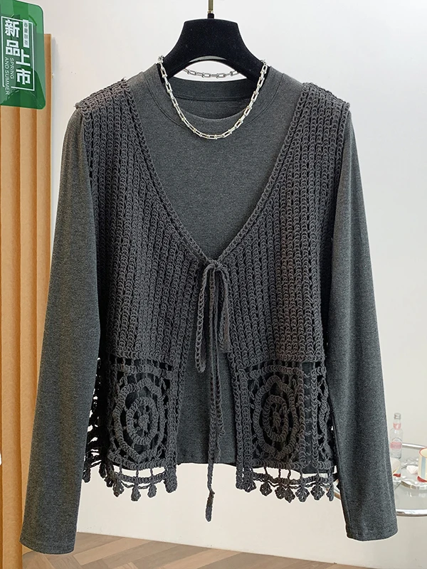 Women's Long Sleeve T-Shirt Hollow out Knitted Vest Two-Piece Set Casual Style Fashionable Hollow Hook Patterned Top