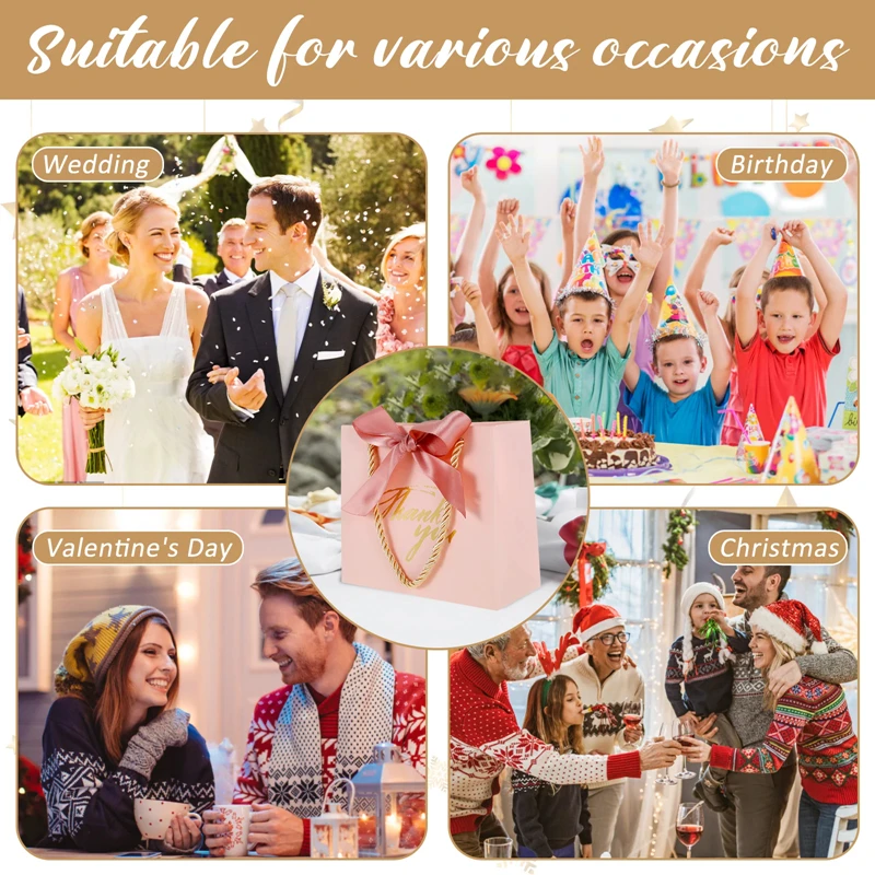 20/30/50 قطعة شكرا لك حقائب للهدايا قابلة لإعادة الاستخدام أكياس الحفلات الورقية مع مقابض الذهب القوس الشريط أكياس صغيرة الوردي للحفلات لصالح عيد ميلاد